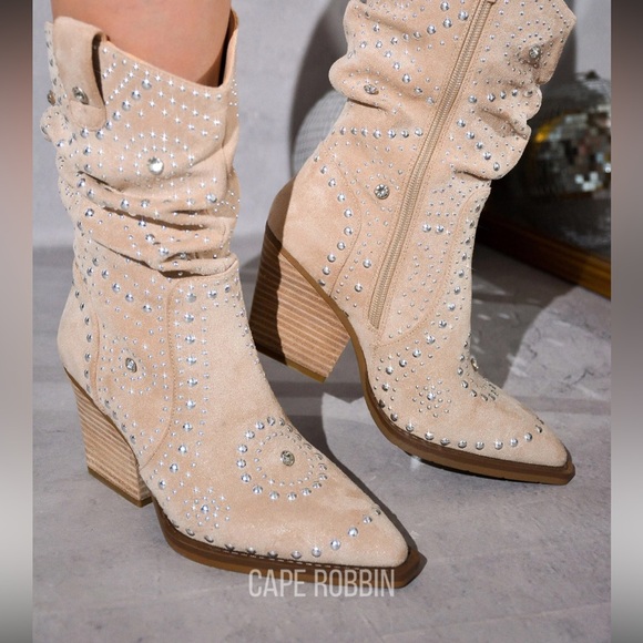NWOT Cape Robbin Roya Rhinestone Suede Slouch Ankle Booties - Beige - Picture 1 of 12